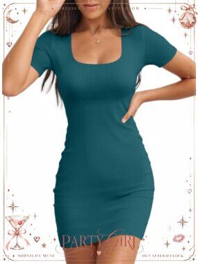 Ribbed Knit Bodycon Square Neck Mini Dress Short Sleeve Stretch Casual